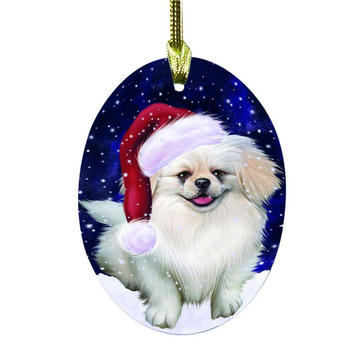 Let it Snow Christmas Holiday Pekingese Dog Oval Glass Christmas Ornament OGOR48628
