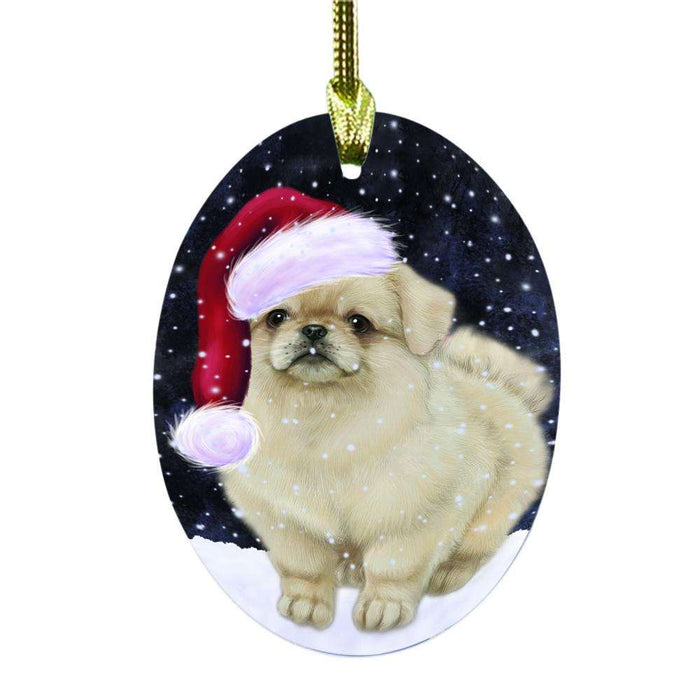 Let it Snow Christmas Holiday Pekingese Dog Oval Glass Christmas Ornament OGOR48629