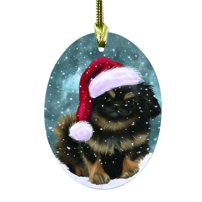 Let it Snow Christmas Holiday Pekingese Dog Oval Glass Christmas Ornament OGOR48630