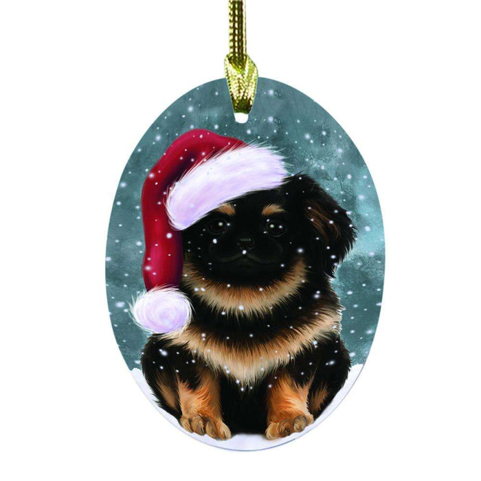 Let it Snow Christmas Holiday Pekingese Dog Oval Glass Christmas Ornament OGOR48631