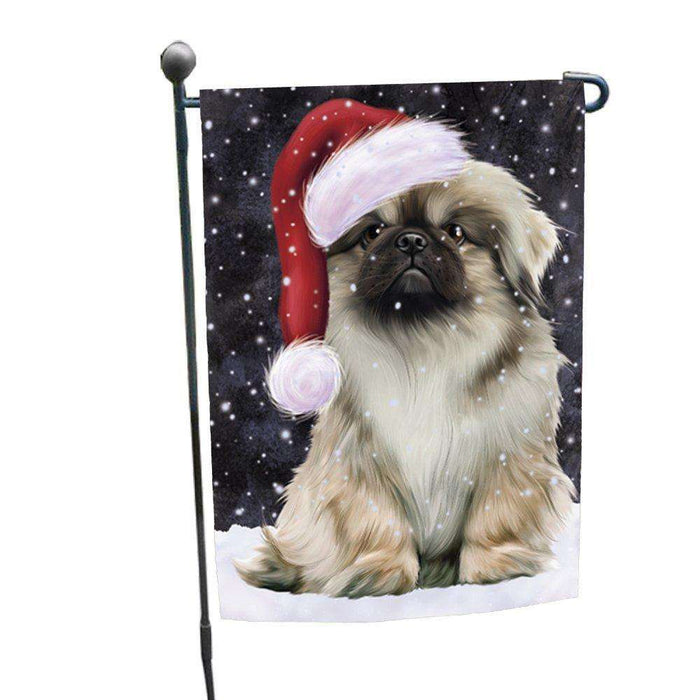 Let it Snow Christmas Holiday Pekingese Dog Wearing Santa Hat Garden Flag