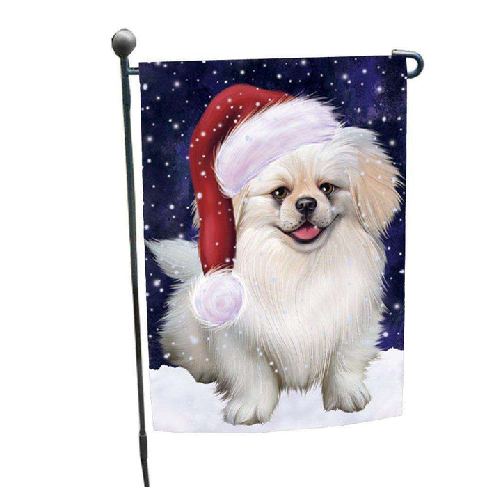Let it Snow Christmas Holiday Pekingese Dog Wearing Santa Hat Garden Flag
