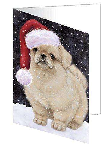 Let it Snow Christmas Holiday Pekingese Dog Wearing Santa Hat Handmade Artwork Assorted Pets Greeting Cards and Note Cards with Envelopes for All Occasions and Holiday Seasons D429