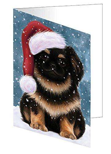 Let it Snow Christmas Holiday Pekingese Dog Wearing Santa Hat Handmade Artwork Assorted Pets Greeting Cards and Note Cards with Envelopes for All Occasions and Holiday Seasons D430