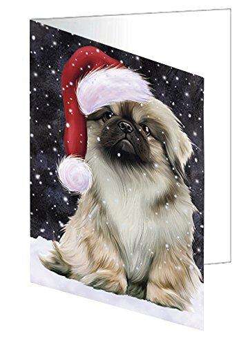 Let it Snow Christmas Holiday Pekingese Dog Wearing Santa Hat Handmade Artwork Assorted Pets Greeting Cards and Note Cards with Envelopes for All Occasions and Holiday Seasons