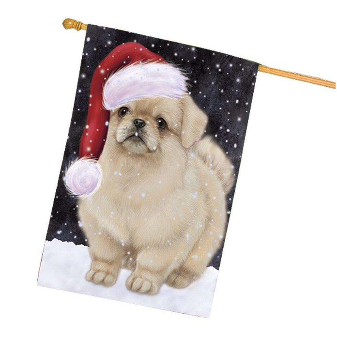 Let it Snow Christmas Holiday Pekingese Dog Wearing Santa Hat House Flag HF459