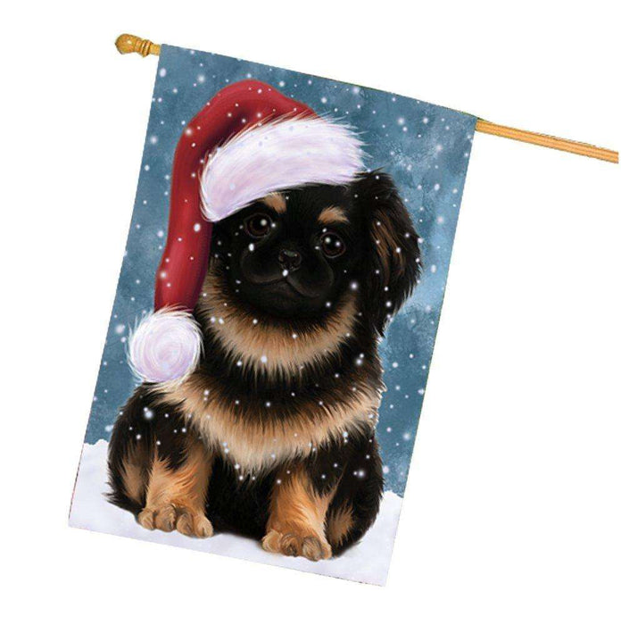 Let it Snow Christmas Holiday Pekingese Dog Wearing Santa Hat House Flag HF460