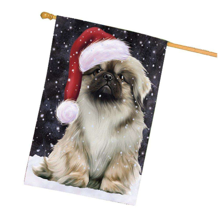 Let it Snow Christmas Holiday Pekingese Dog Wearing Santa Hat House Flag