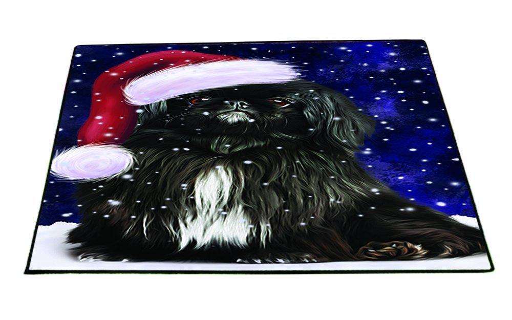 Let it Snow Christmas Holiday Pekingese Dog Wearing Santa Hat Indoor/Outdoor Floormat