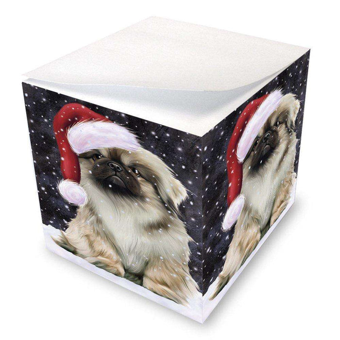 Let it Snow Christmas Holiday Pekingese Dog Wearing Santa Hat Note Cube D335