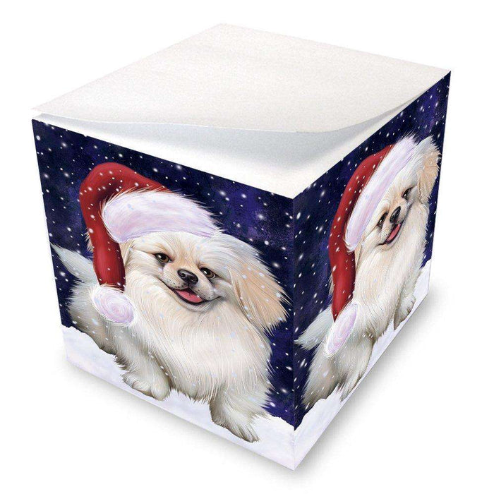 Let it Snow Christmas Holiday Pekingese Dog Wearing Santa Hat Note Cube D336