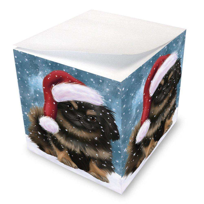 Let it Snow Christmas Holiday Pekingese Dog Wearing Santa Hat Note Cube D337