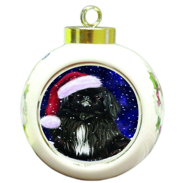 Let it Snow Christmas Holiday Pekingese Dog Wearing Santa Hat Round Ball Ornament D332