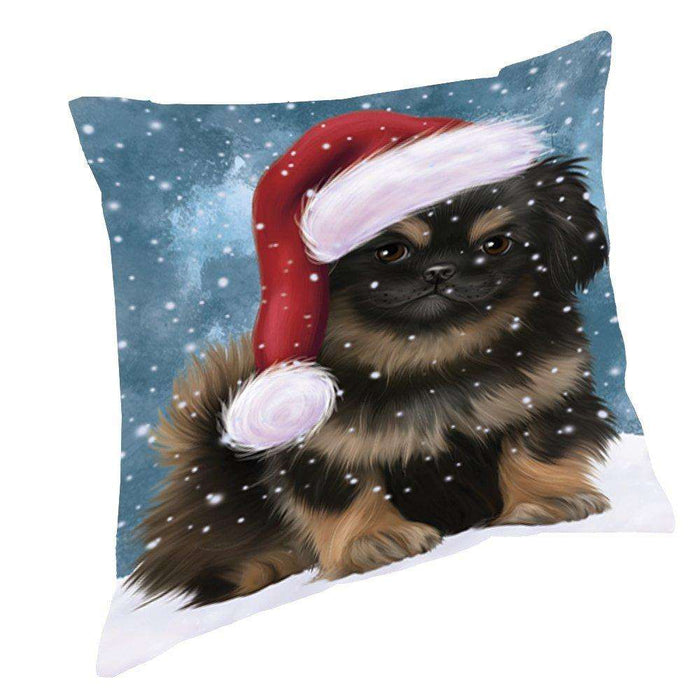 Let it Snow Christmas Holiday Pekingese Dog Wearing Santa Hat Throw Pillow