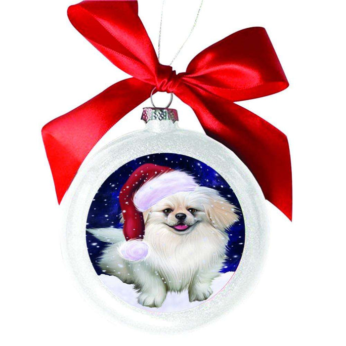 Let it Snow Christmas Holiday Pekingese Dog White Round Ball Christmas Ornament WBSOR48628