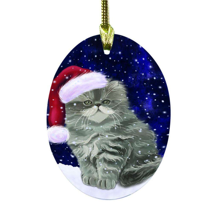 Let it Snow Christmas Holiday Persian Cat Oval Glass Christmas Ornament OGOR48633