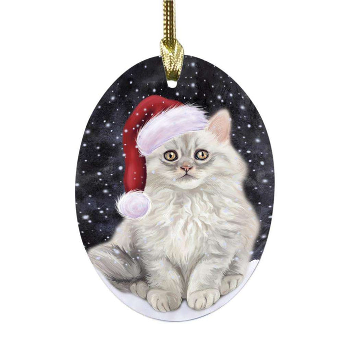 Let it Snow Christmas Holiday Persian Cat Oval Glass Christmas Ornament OGOR48640