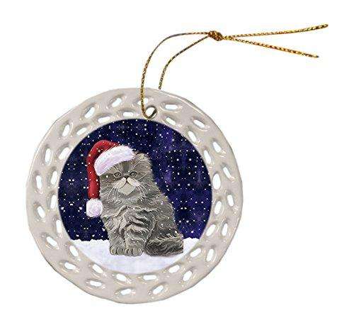 Let it Snow Christmas Holiday Persian Cat Wearing Santa Hat Ceramic Doily Ornament D007