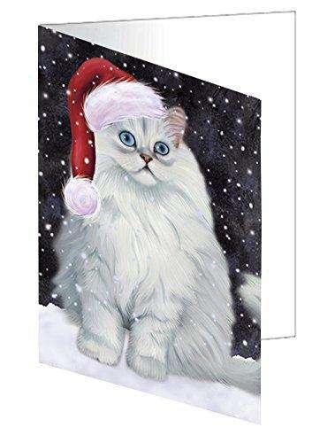 Let it Snow Christmas Holiday Persian Cat Wearing Santa Hat Handmade Artwork Assorted Pets Greeting Cards and Note Cards with Envelopes for All Occasions and Holiday Seasons D433