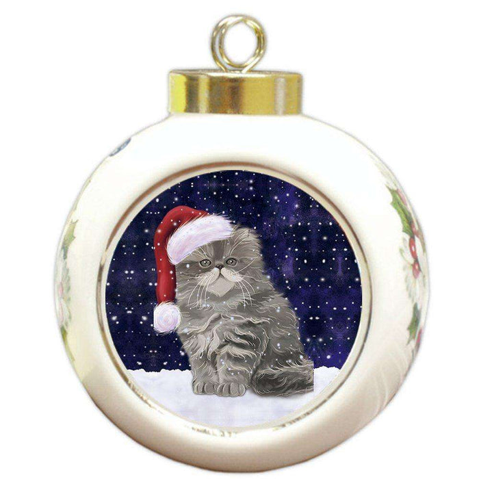 Let it Snow Christmas Holiday Persian Cat Wearing Santa Hat Round Ball Ornament D215