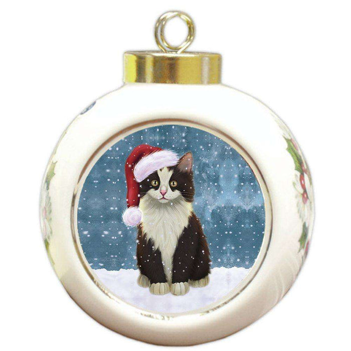 Let it Snow Christmas Holiday Persian Cat Wearing Santa Hat Round Ball Ornament D216