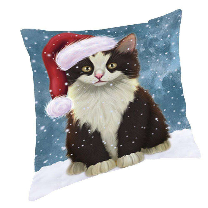 Let it Snow Christmas Holiday Persian Cat Wearing Santa Hat Throw Pillow D374