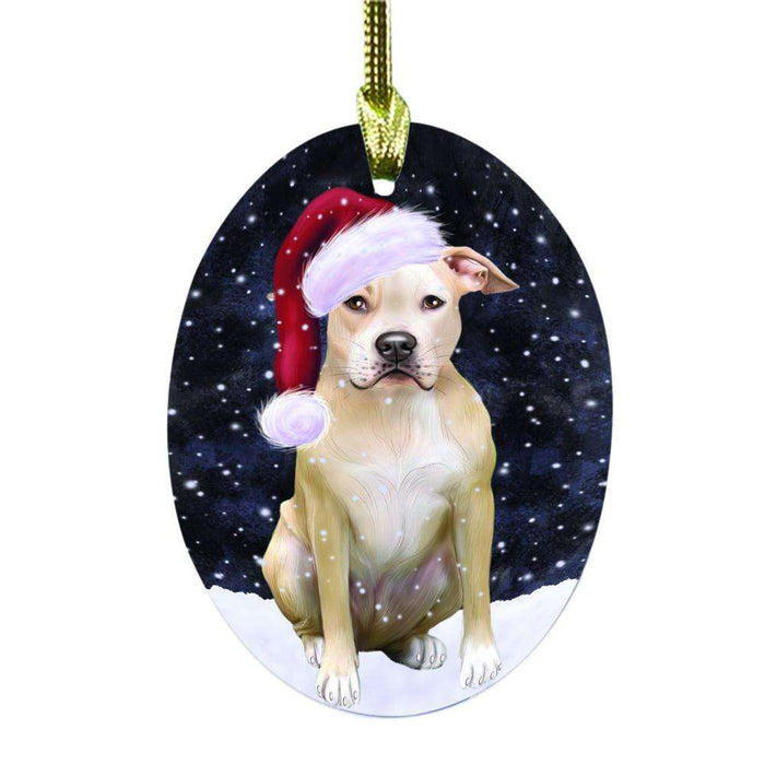 Let it Snow Christmas Holiday Pit Bull Dog Oval Glass Christmas Ornament OGOR48643