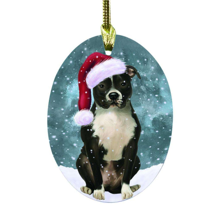 Let it Snow Christmas Holiday Pit Bull Dog Oval Glass Christmas Ornament OGOR48645