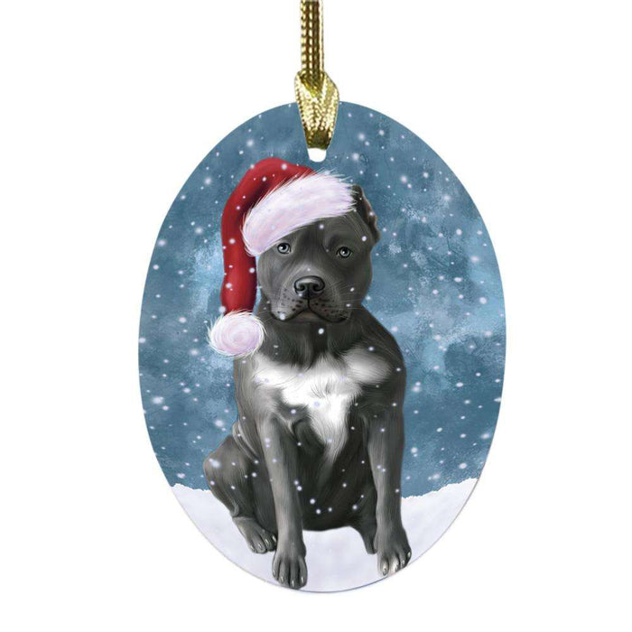 Let it Snow Christmas Holiday Pit Bull Dog Oval Glass Christmas Ornament OGOR48647