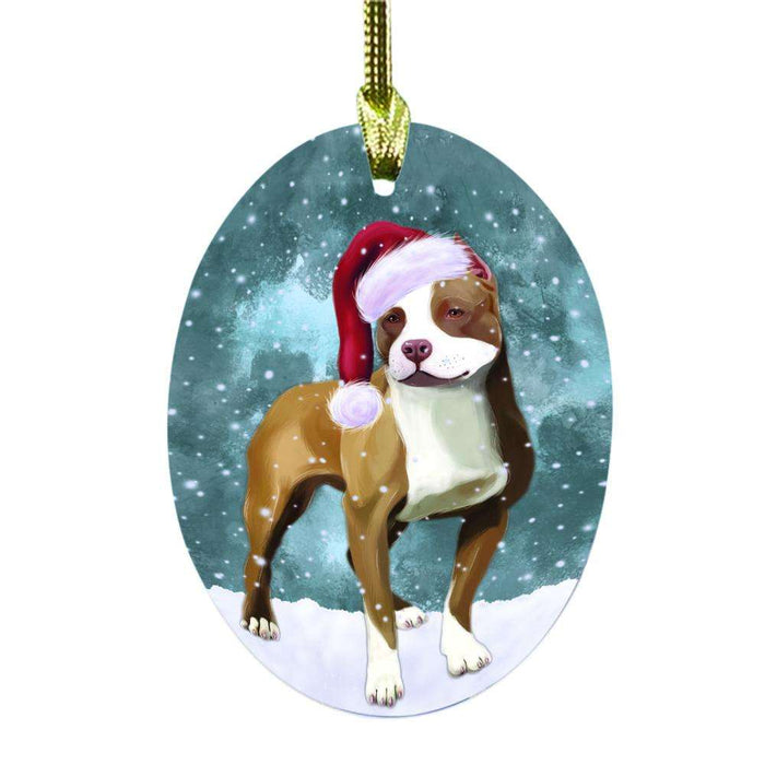 Let it Snow Christmas Holiday Pit Bull Dog Oval Glass Christmas Ornament OGOR48648