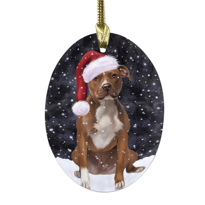 Let it Snow Christmas Holiday Pit Bull Dog Oval Glass Christmas Ornament OGOR48649