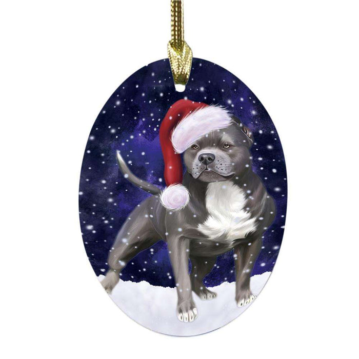 Let it Snow Christmas Holiday Pit Bull Dog Oval Glass Christmas Ornament OGOR48651