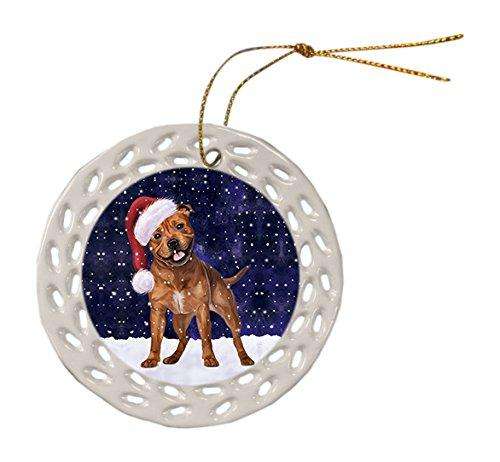 Let it Snow Christmas Holiday Pit Bull Dog Wearing Santa Hat Ceramic Doily Ornament D009