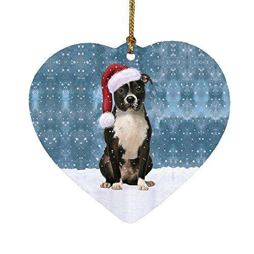 Let it Snow Christmas Holiday Pit Bull Dog Wearing Santa Hat Heart Ornament D220