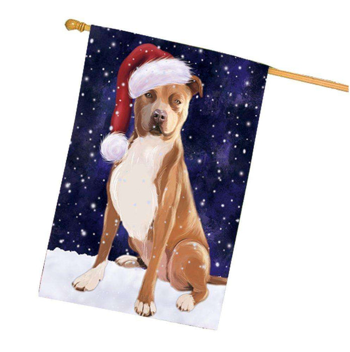 Let it Snow Christmas Holiday Pit Bull Dog Wearing Santa Hat House Flag