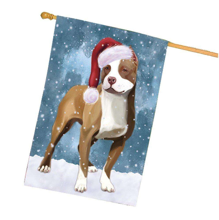 Let it Snow Christmas Holiday Pit Bull Dog Wearing Santa Hat House Flag