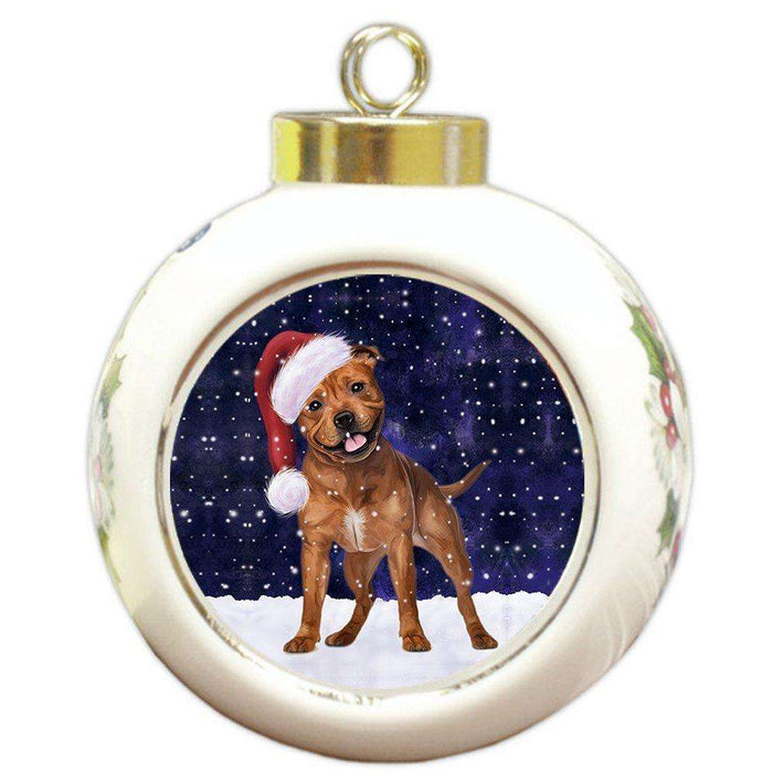 Let it Snow Christmas Holiday Pit Bull Dog Wearing Santa Hat Round Ball Ornament D217