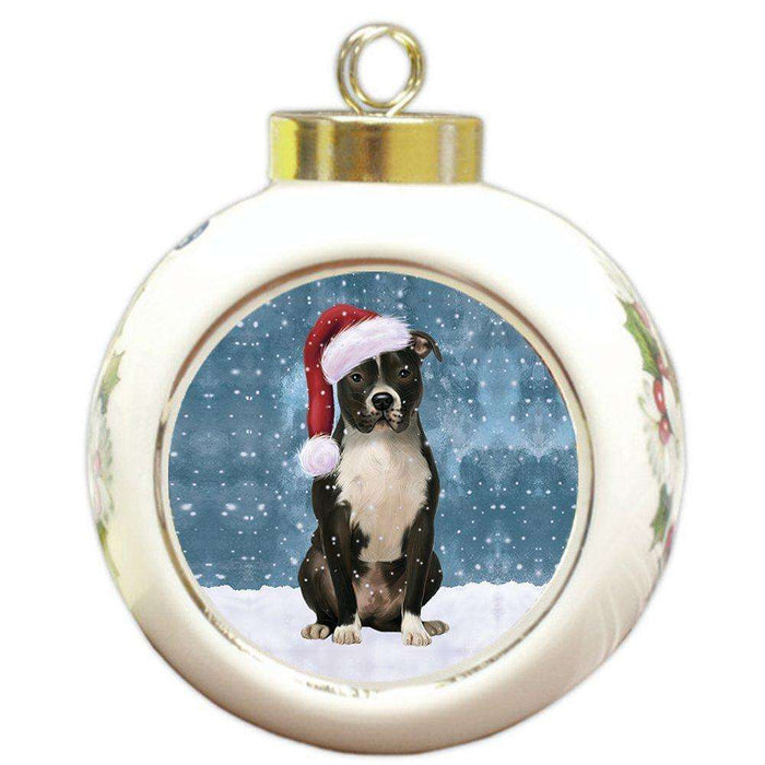 Let it Snow Christmas Holiday Pit Bull Dog Wearing Santa Hat Round Ball Ornament D220