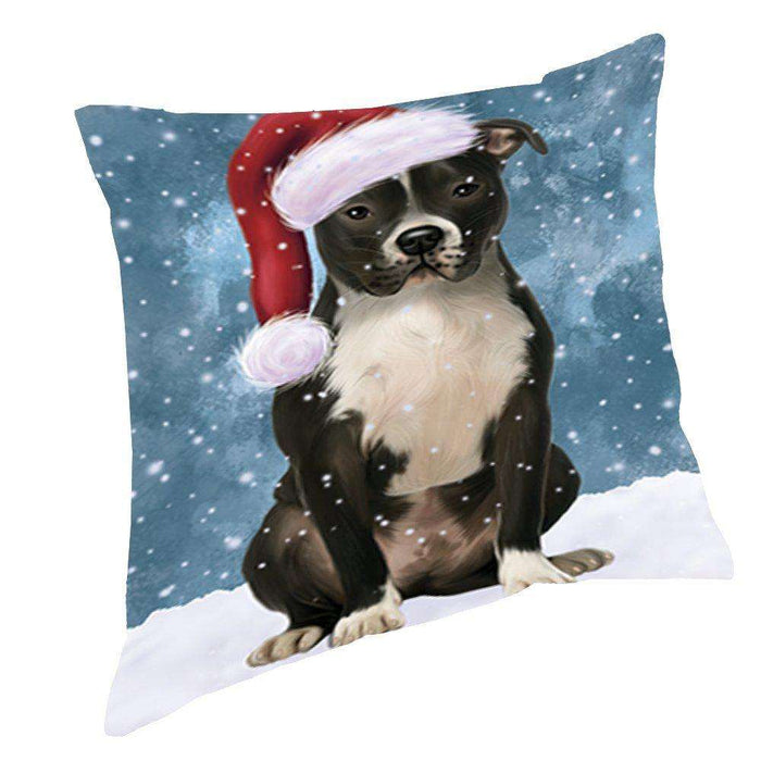 Let it Snow Christmas Holiday Pit Bull Dog Wearing Santa Hat Throw Pillow D378
