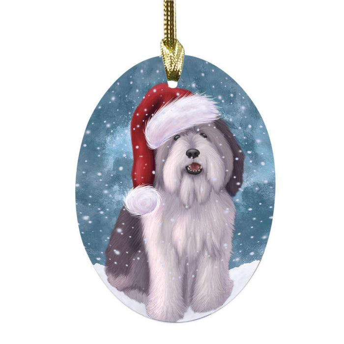Let it Snow Christmas Holiday Polish Lowland Sheepdog Oval Glass Christmas Ornament OGOR48653