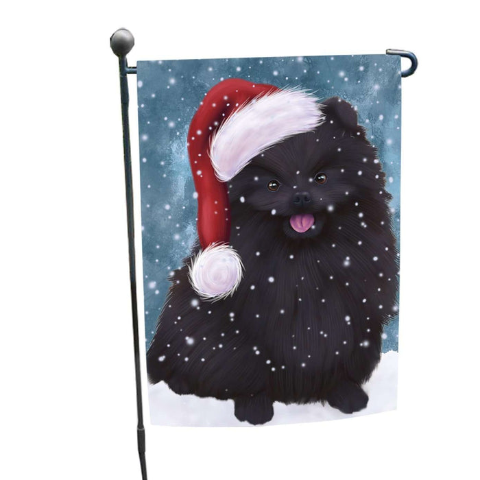 Let it Snow Christmas Holiday Pomeranian Black Dog Wearing Santa Hat Garden Flag FLG052