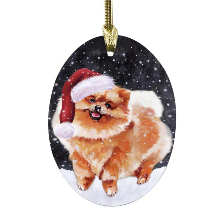 Let it Snow Christmas Holiday Pomeranian Dog Oval Glass Christmas Ornament OGOR48654