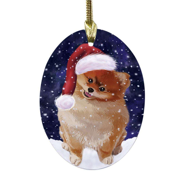 Let it Snow Christmas Holiday Pomeranian Dog Oval Glass Christmas Ornament OGOR48655