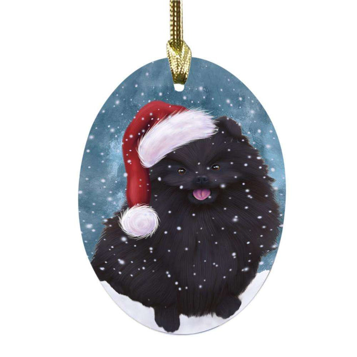 Let it Snow Christmas Holiday Pomeranian Dog Oval Glass Christmas Ornament OGOR48656