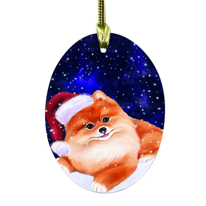 Let it Snow Christmas Holiday Pomeranian Dog Oval Glass Christmas Ornament OGOR48657