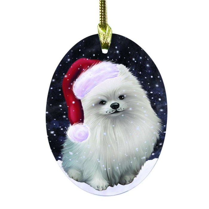 Let it Snow Christmas Holiday Pomeranian Dog Oval Glass Christmas Ornament OGOR48660