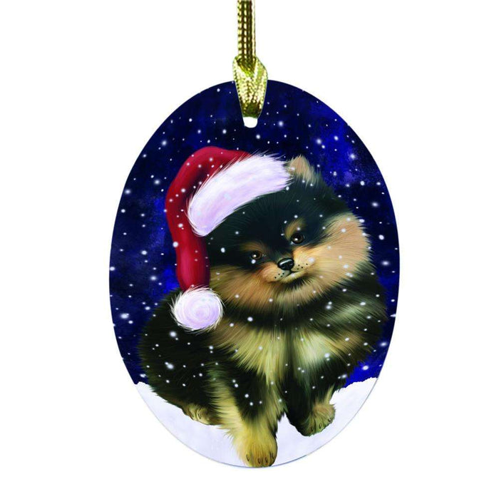 Let it Snow Christmas Holiday Pomeranian Dog Oval Glass Christmas Ornament OGOR48661