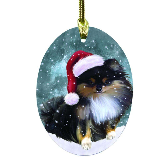 Let it Snow Christmas Holiday Pomeranian Dog Oval Glass Christmas Ornament OGOR48662