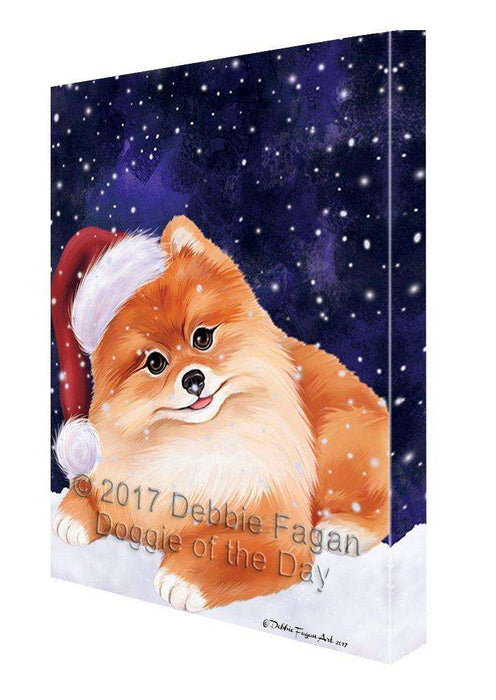 Let it Snow Christmas Holiday Pomeranian Dog Wearing Santa Hat Canvas Wall Art