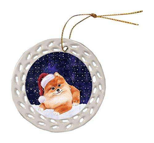 Let it Snow Christmas Holiday Pomeranian Dog Wearing Santa Hat Ceramic Doily Ornament D013